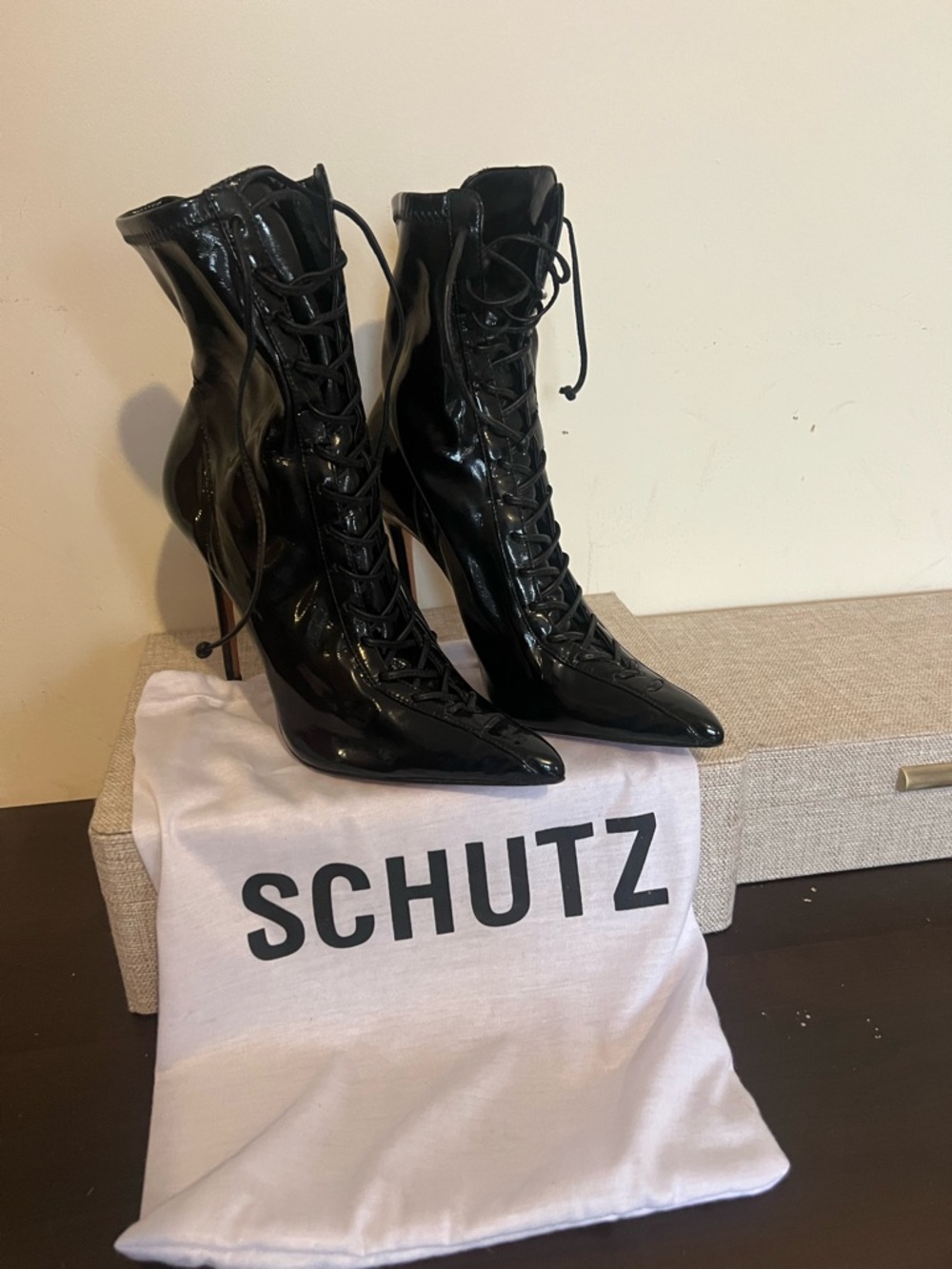 SCHUTZ Black Patent Lace-Up Pointed Toe Stiletto Ankle Boots